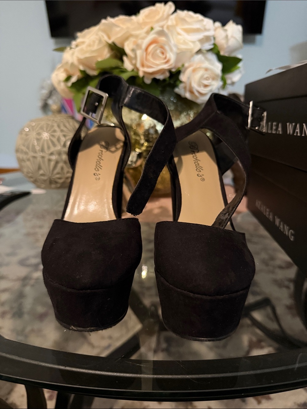 Breckelles Black Suede Platform Ankle Strap Heels